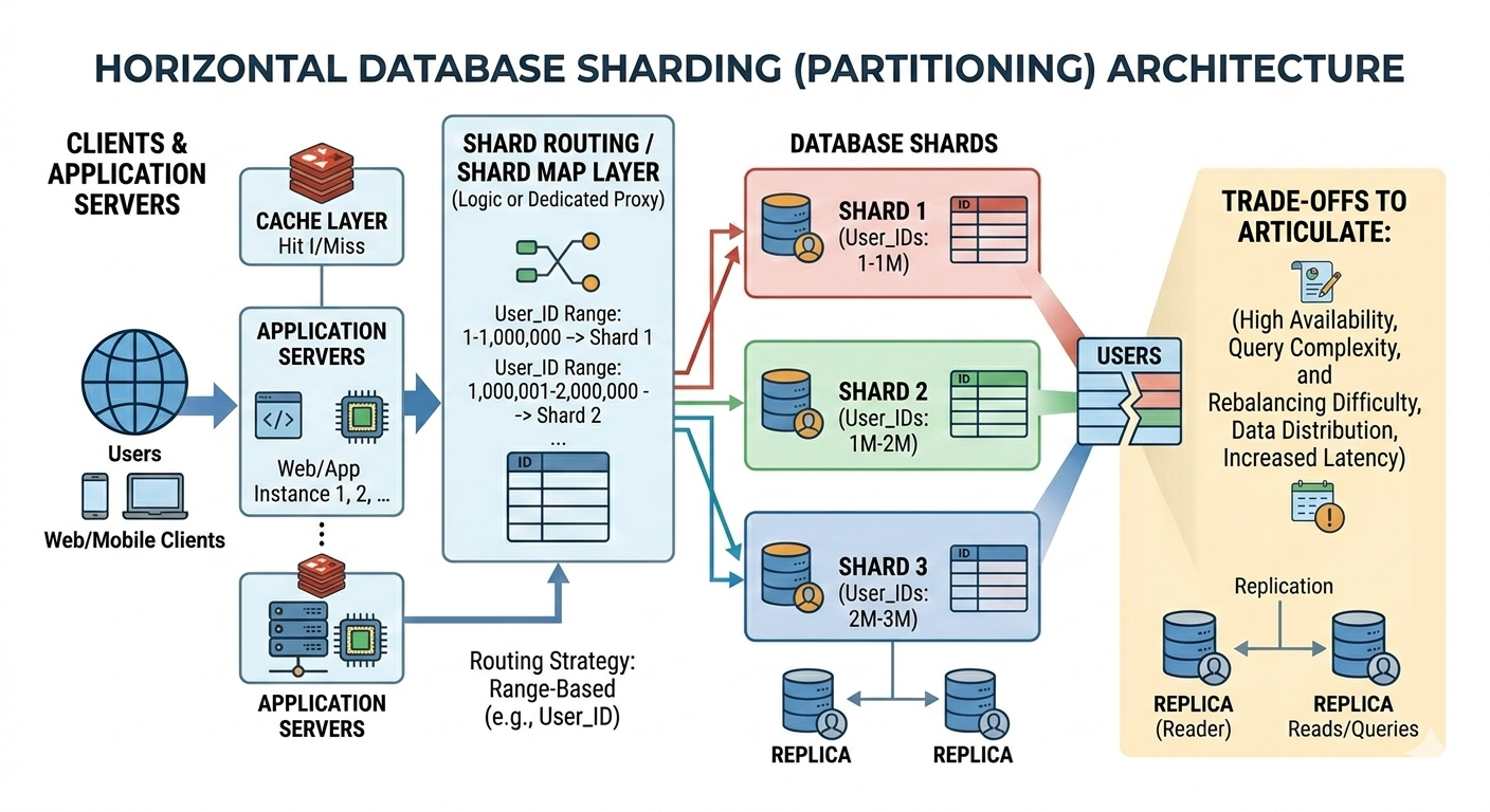 Horizontal database sharding architecture diagram showing users accessing application servers and cache, which route requests through a shard routing layer to multiple database shards with replicas.