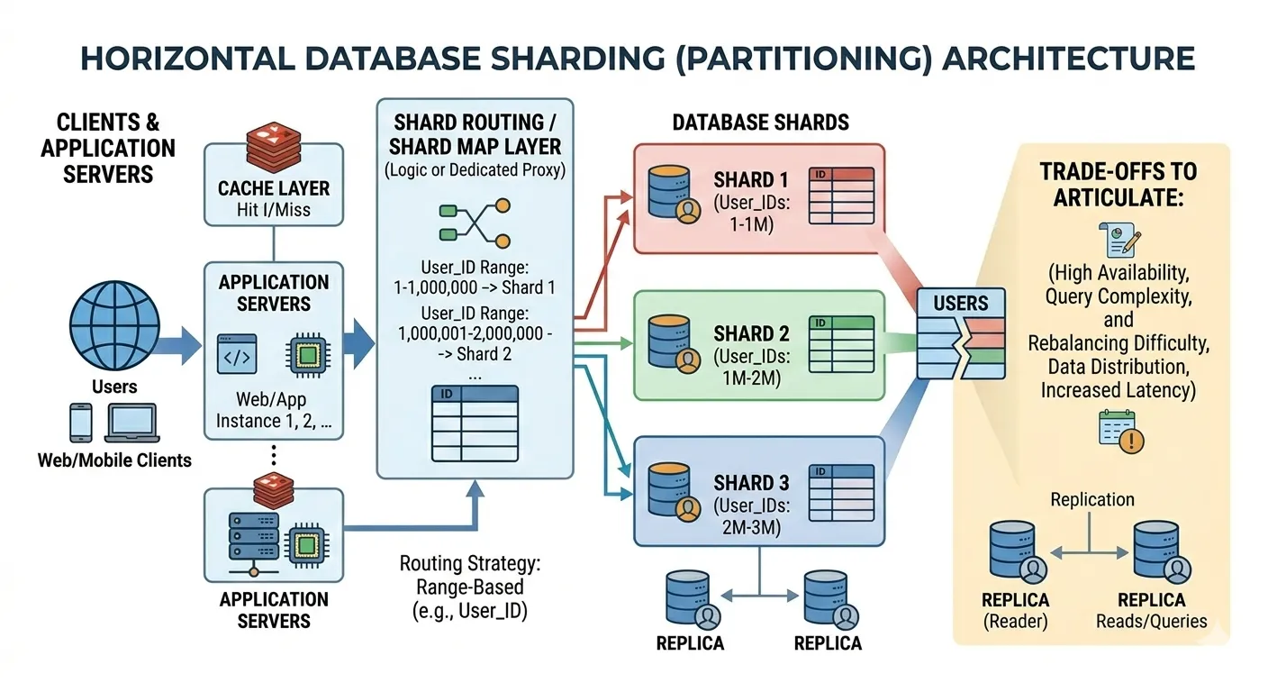 Horizontal database sharding architecture diagram showing users accessing application servers and cache, which route requests through a shard routing layer to multiple database shards with replicas.