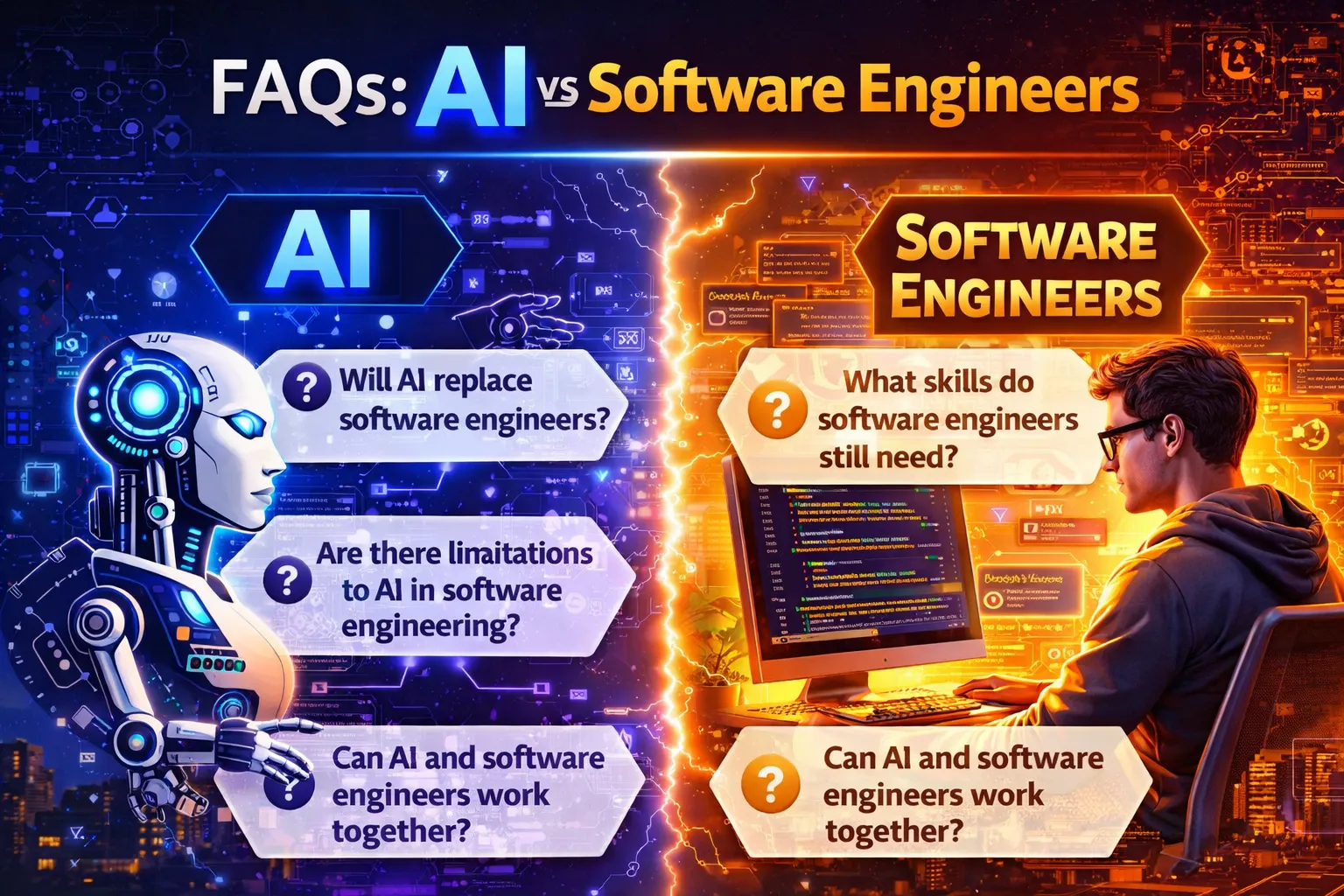 Split graphic comparing AI and software engineers, showing a robot on the left with questions about AI replacing developers, and a human programmer on the right with questions about skills and collaboration.