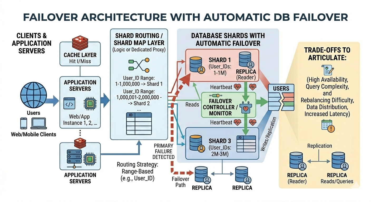 Failover architecture diagram showing application servers and cache routing requests through a shard routing layer to database shards with replicas and an automatic failover controller.