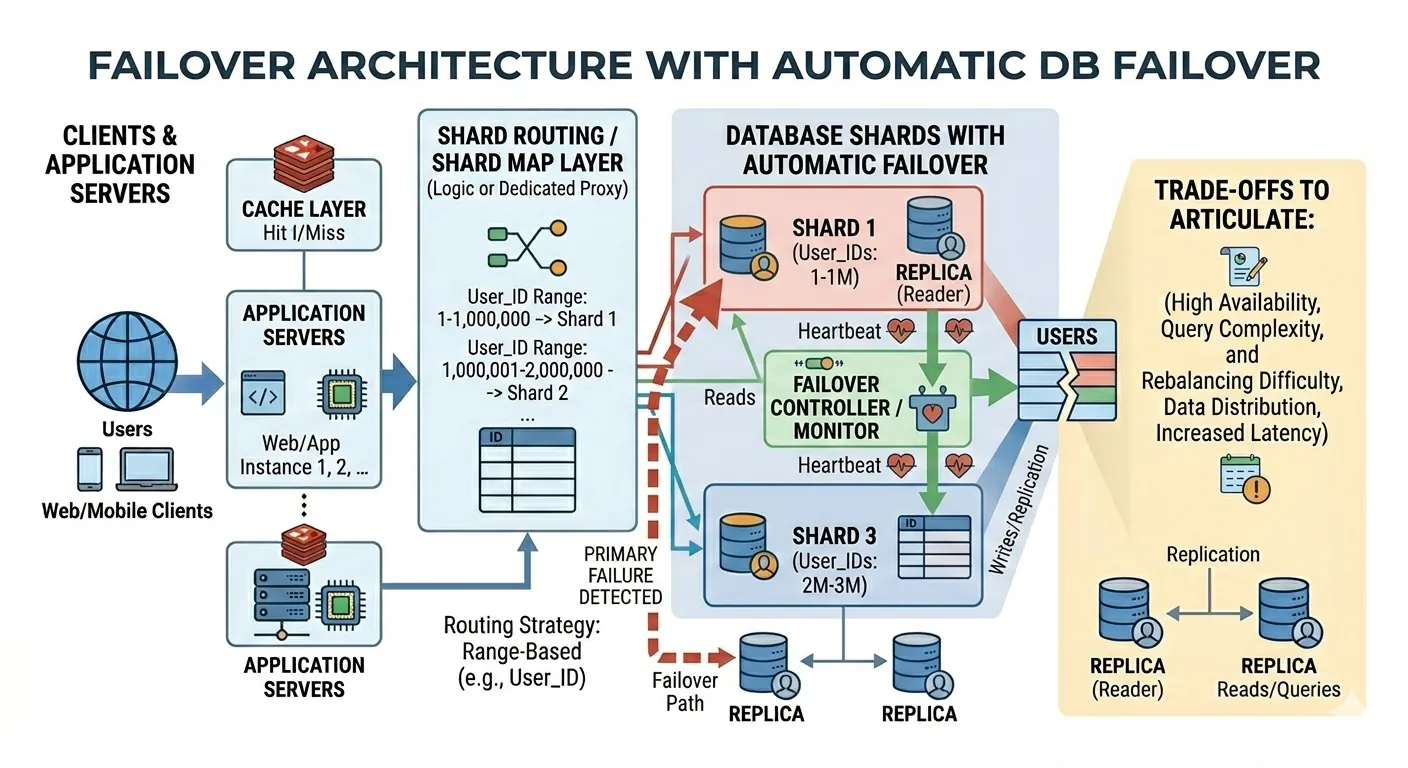 Failover architecture diagram showing application servers and cache routing requests through a shard routing layer to database shards with replicas and an automatic failover controller.