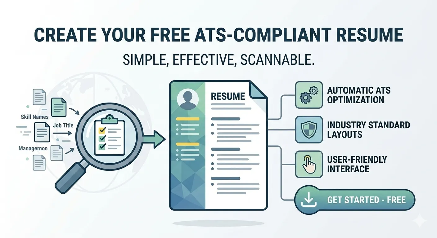 Infographic promoting a free ATS-compliant resume builder showing resume optimization, industry-standard layouts, and a user-friendly interface.