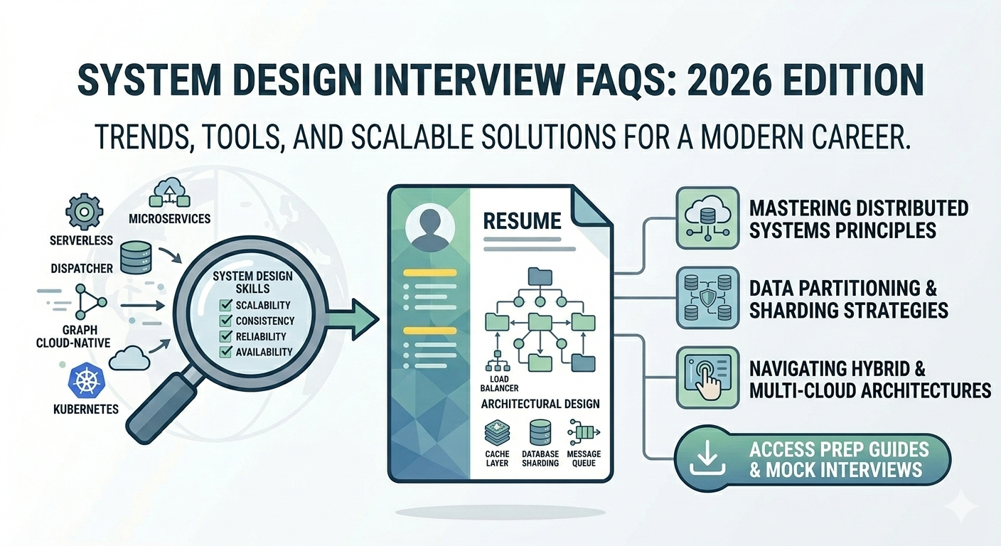 System Design Interview FAQs 2026 infographic showing distributed systems concepts like microservices, sharding, Kubernetes, and architectural design for scalable systems.