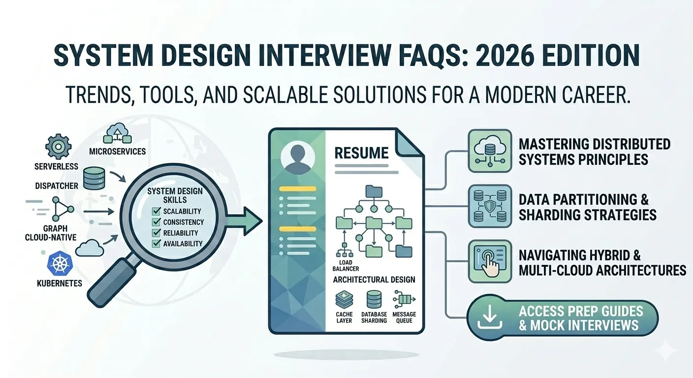 System Design Interview FAQs 2026 infographic showing distributed systems concepts like microservices, sharding, Kubernetes, and architectural design for scalable systems.