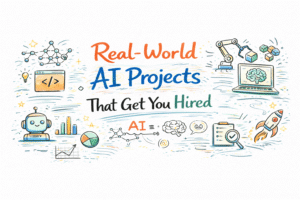 Real-world AI projects that get you hired illustration with coding, machine learning, and robotics icons