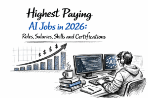 Illustration of a person working on AI coding at a dual-monitor setup with a rising salary graph, titled “Highest Paying AI Jobs in 2026.”
