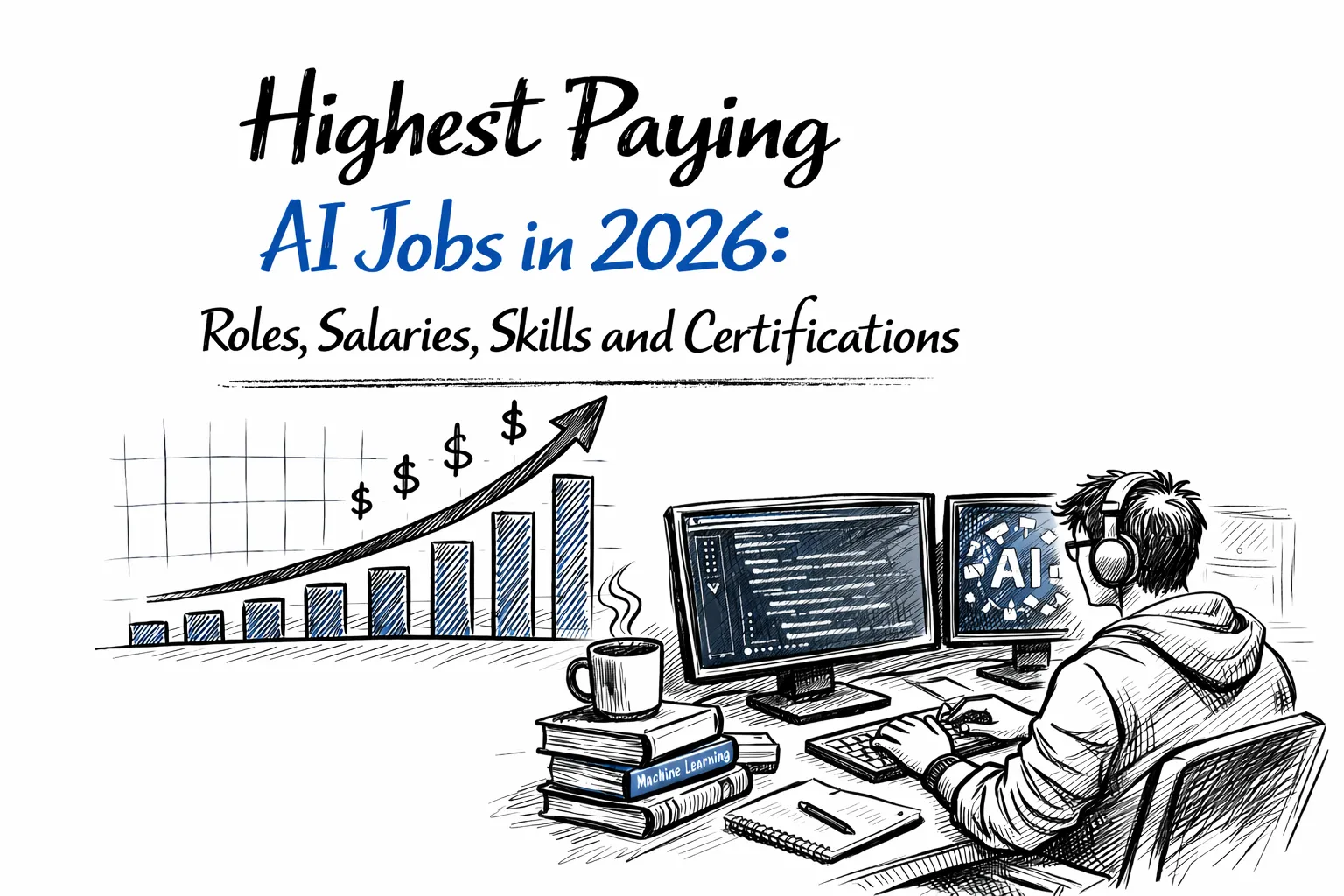 Illustration of a person working on AI coding at a dual-monitor setup with a rising salary graph, titled “Highest Paying AI Jobs in 2026.”