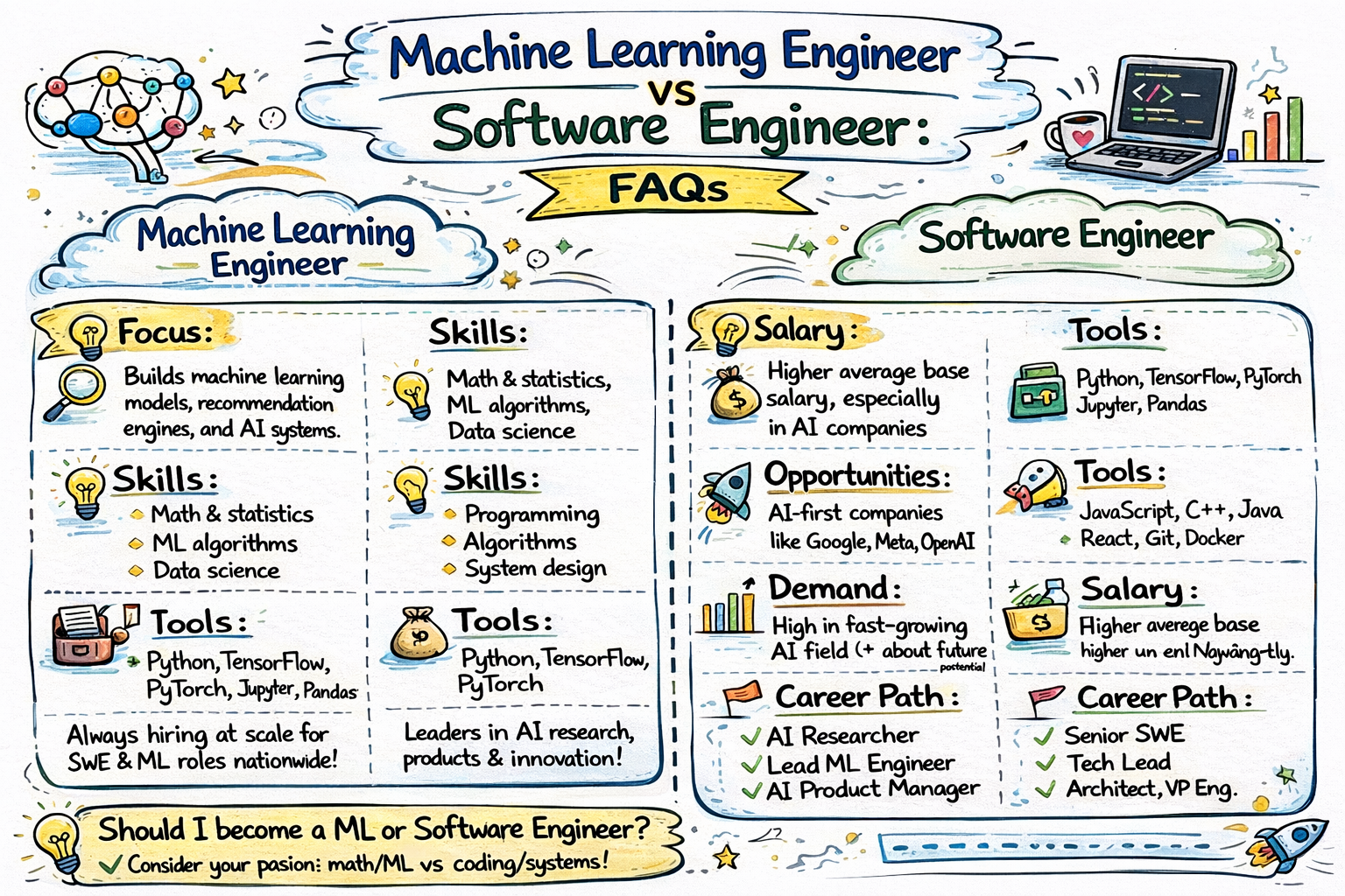 Infographic comparing machine learning engineers and software engineers with FAQs covering skills, tools, salary, demand, opportunities, and career paths.