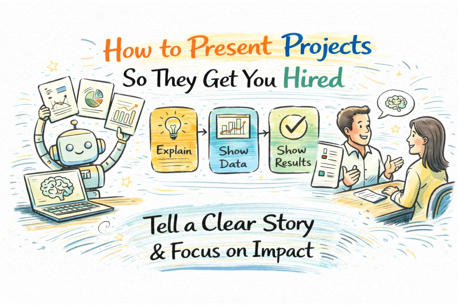 How to present AI projects so they get you hired illustration showing explain, show data, and show results process