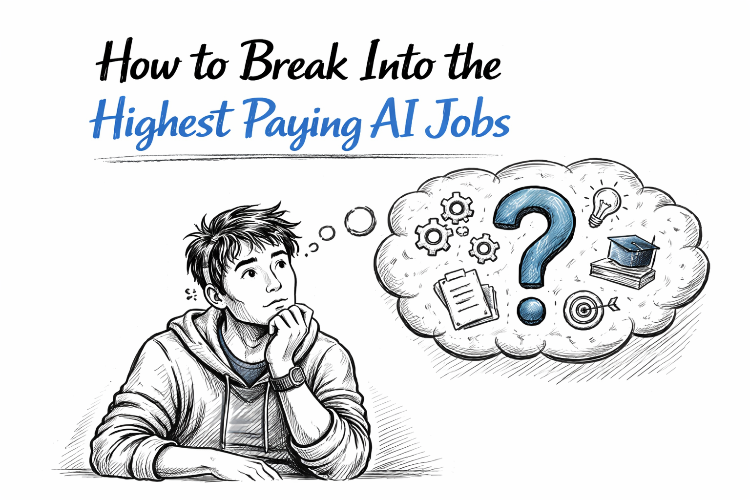 Illustration of a person thinking about how to break into high-paying AI jobs, with icons like gears, a degree, and a target inside a thought bubble.