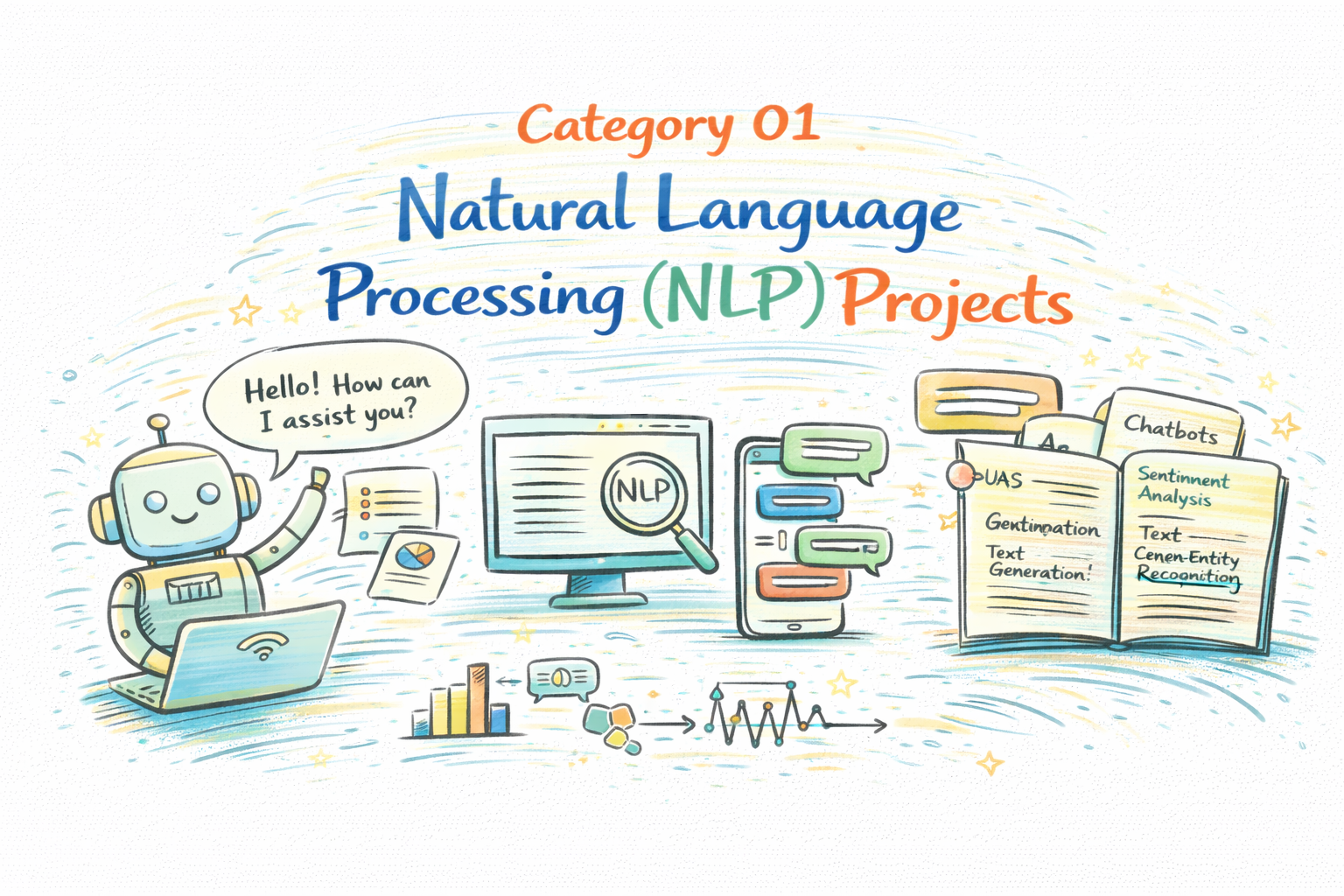 Natural Language Processing NLP projects illustration with chatbot, text generation, and sentiment analysis examples