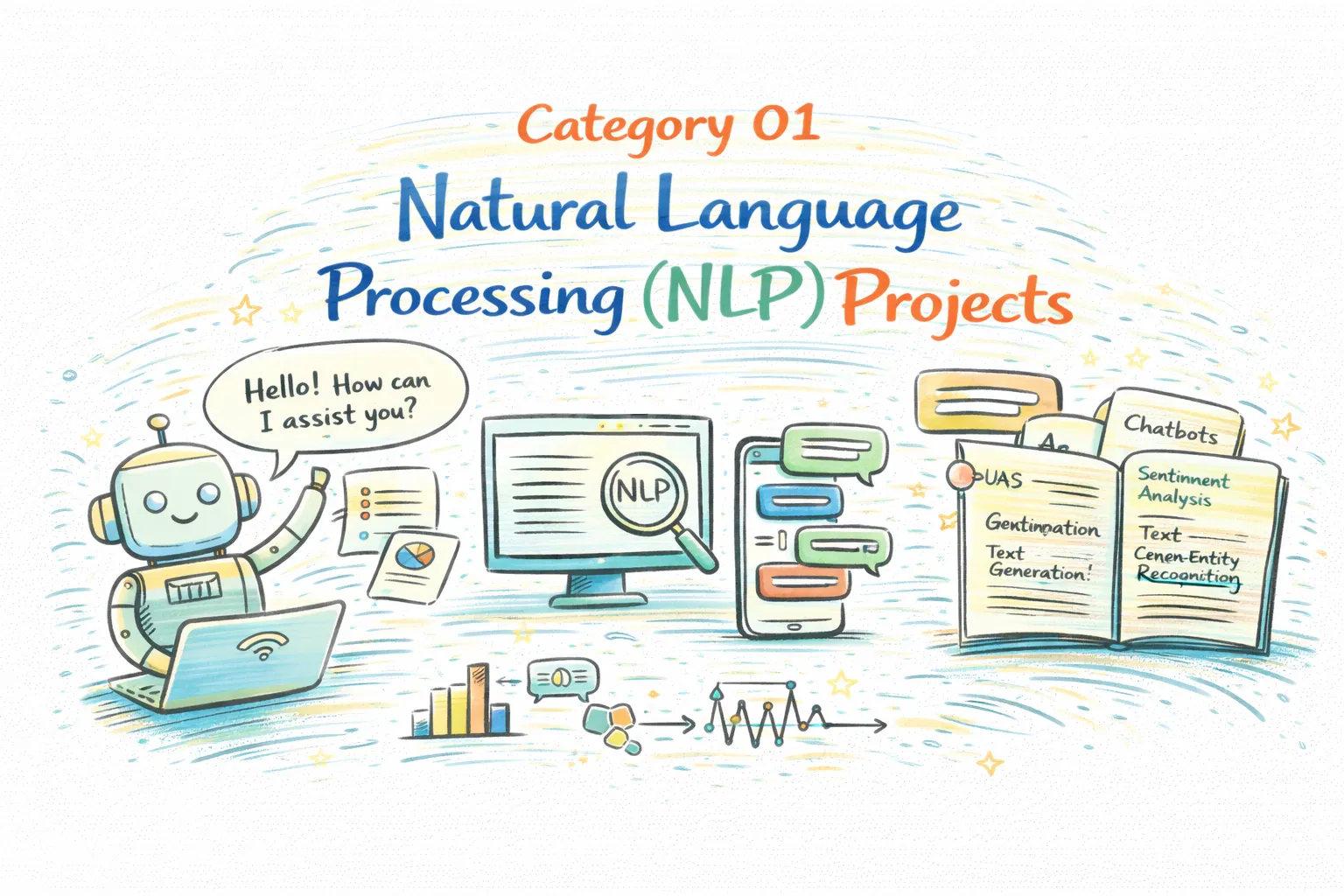 Natural Language Processing NLP projects illustration with chatbot, text generation, and sentiment analysis examples