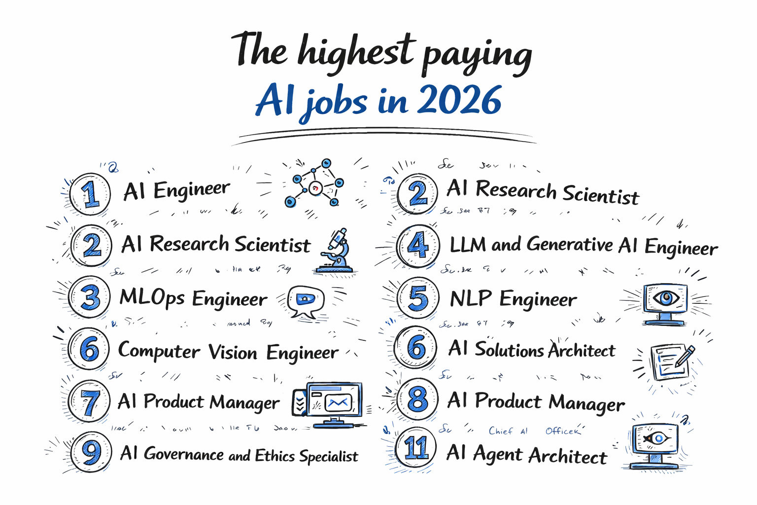 Infographic listing the highest paying AI jobs in 2026, including AI Engineer, AI Research Scientist, MLOps Engineer, and Generative AI roles.