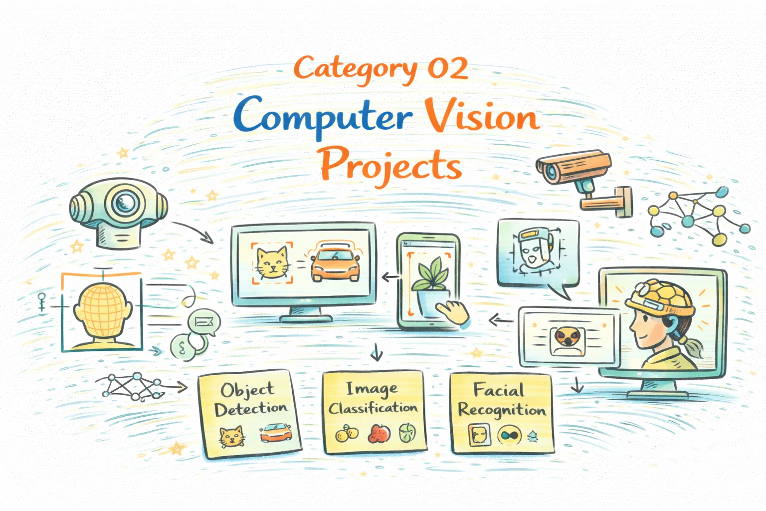 Computer vision projects illustration showing object detection, image classification, and facial recognition applications