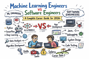 Illustration comparing machine learning engineers and software engineers, highlighting skills like Python, AI models, data analysis versus coding, debugging, and system design.