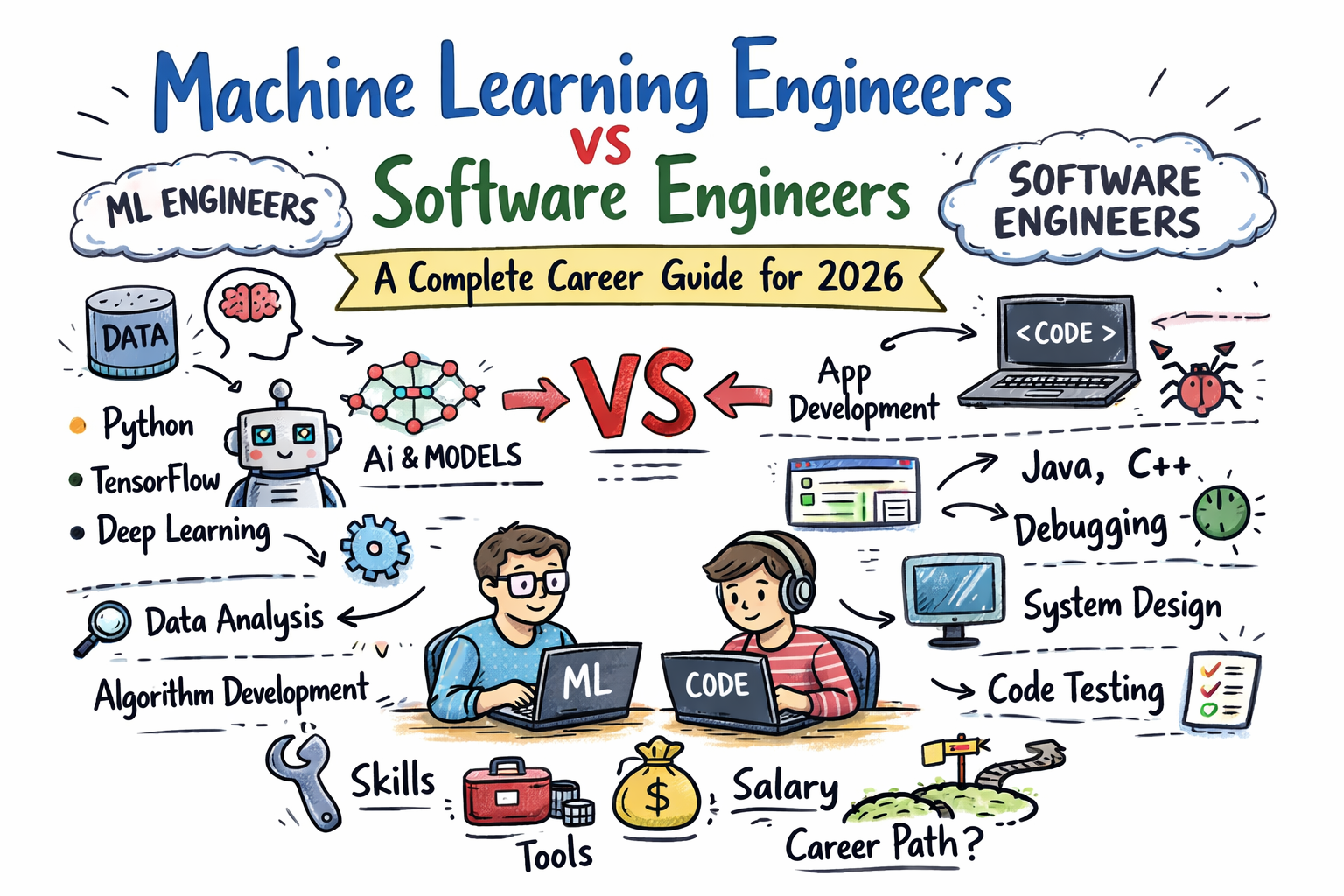 Illustration comparing machine learning engineers and software engineers, highlighting skills like Python, AI models, data analysis versus coding, debugging, and system design.