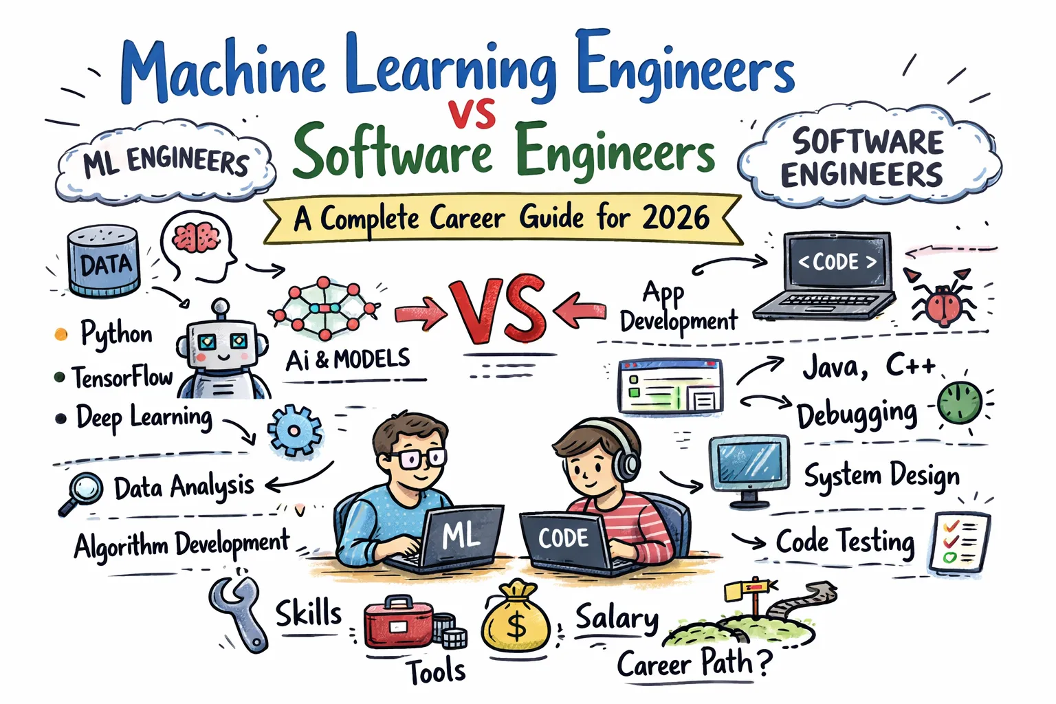 Illustration comparing machine learning engineers and software engineers, highlighting skills like Python, AI models, data analysis versus coding, debugging, and system design.