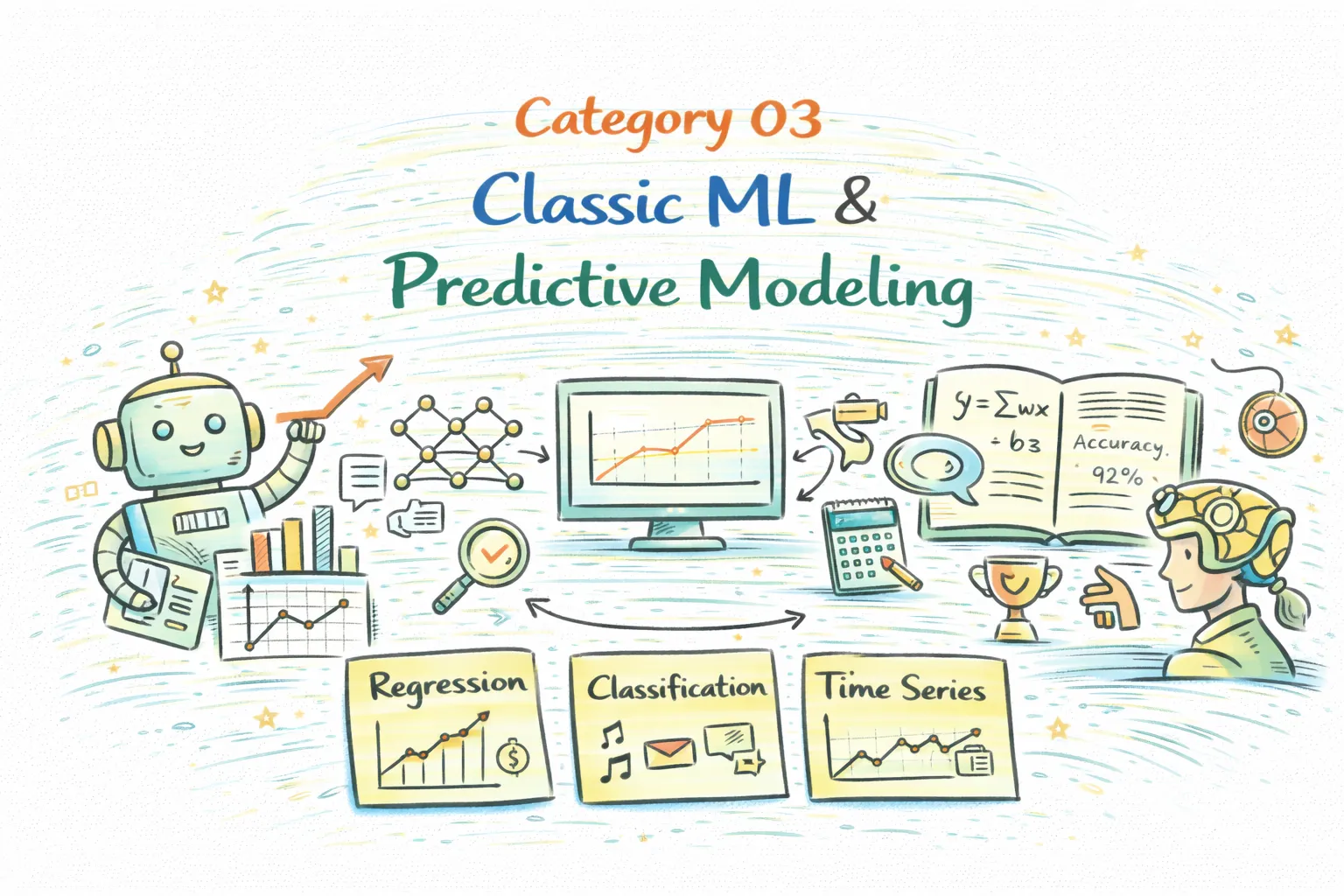 Classic machine learning and predictive modeling projects illustration showing regression, classification, and time series analysis