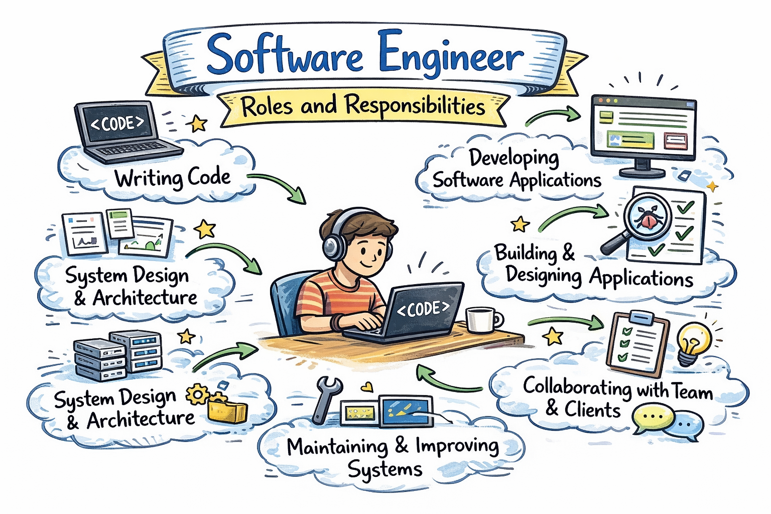 Illustration of a software engineer working on a laptop, showing roles and responsibilities like writing code, system design, developing applications, testing, collaboration, and maintaining systems.