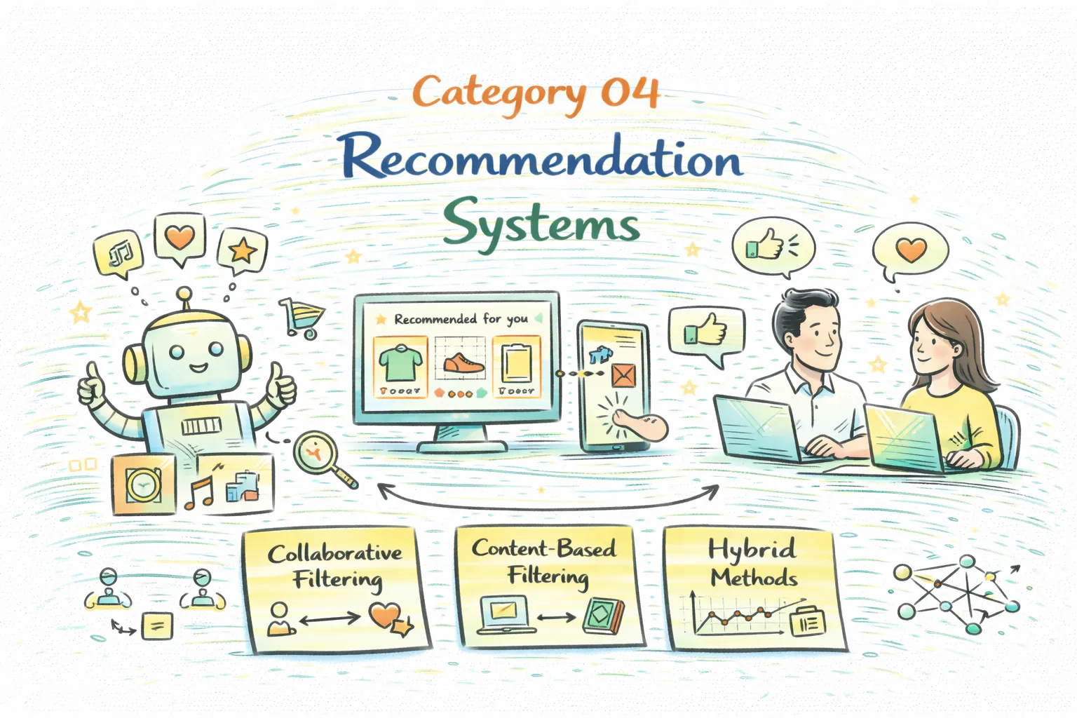 Recommendation systems illustration showing collaborative filtering, content-based filtering, and hybrid recommendation methods