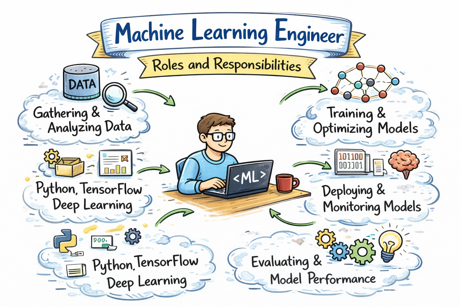 Illustration of a machine learning engineer working on a laptop, showing responsibilities like gathering data, training models, using Python and TensorFlow, deploying models, and evaluating performance.