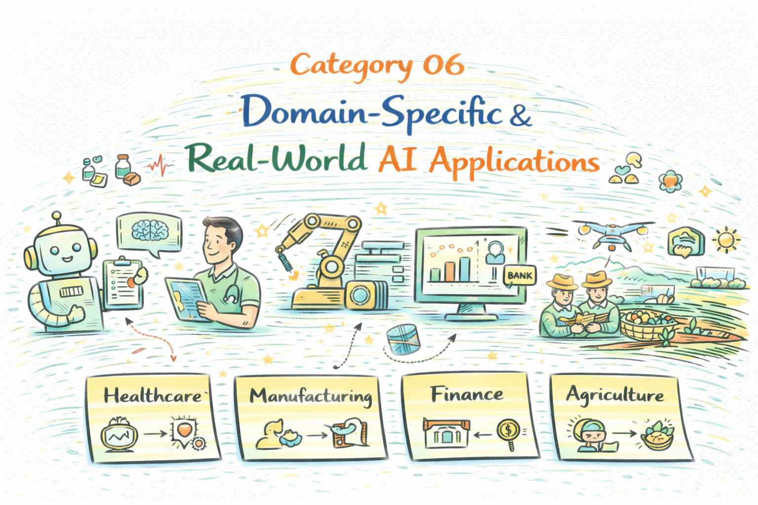 Domain-specific real-world AI applications illustration showing healthcare, manufacturing, finance, and agriculture use cases