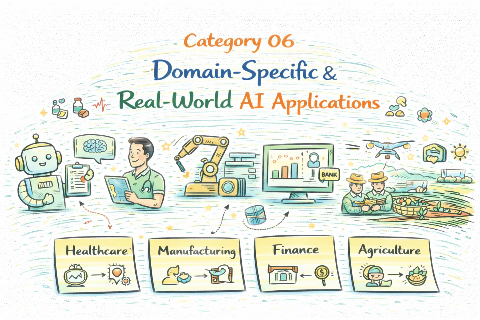 Domain-specific real-world AI applications illustration showing healthcare, manufacturing, finance, and agriculture use cases