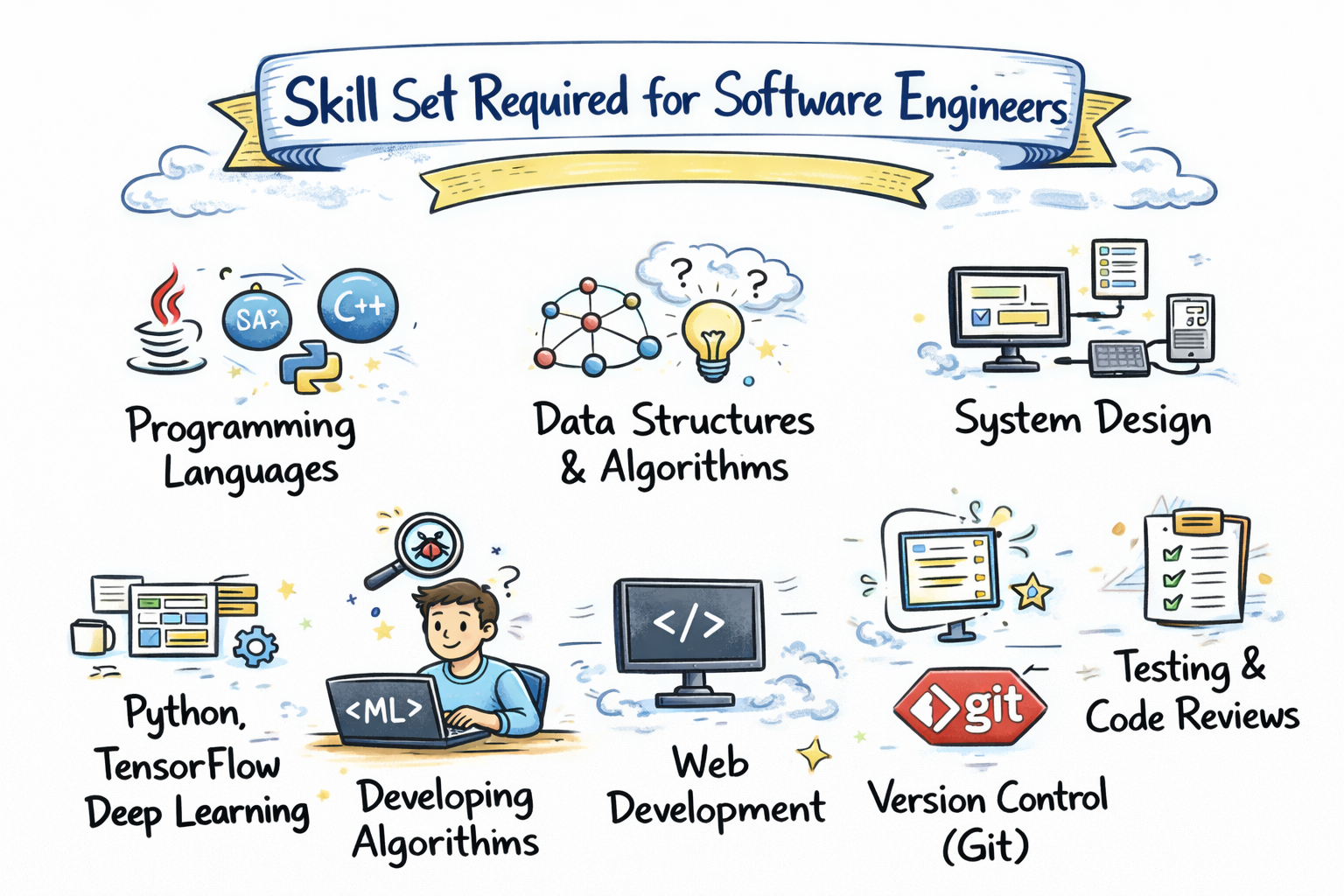 Illustration showing essential skills for software engineers, including programming languages, data structures and algorithms, system design, web development, Git version control, and testing.