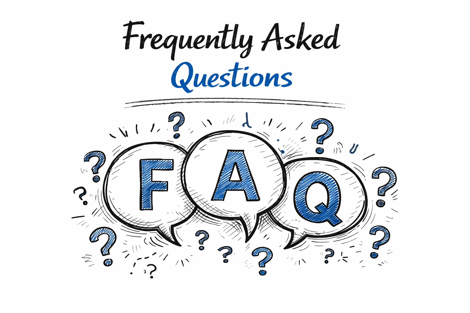 Illustration with the text “Frequently Asked Questions” and large FAQ letters inside speech bubbles surrounded by question marks.