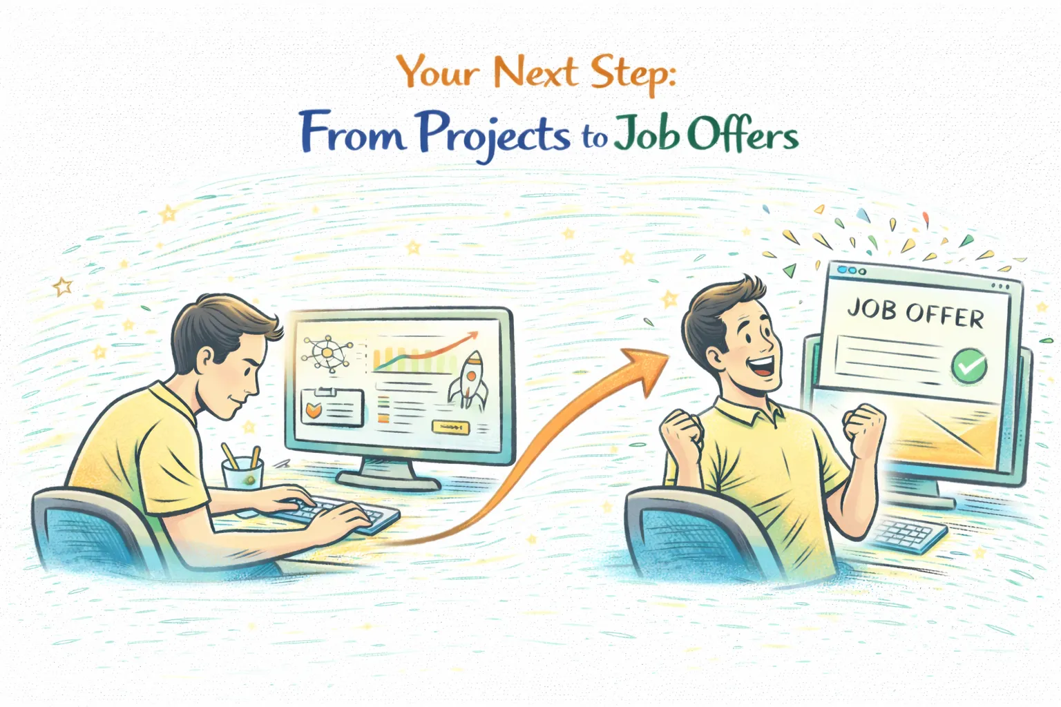 AI projects to job offers illustration showing developer building projects and getting hired with job offer
