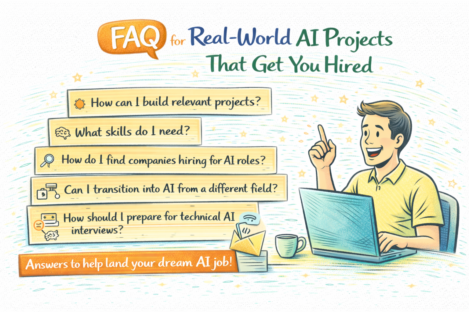 FAQ for real-world AI projects that get you hired illustration with common questions about AI careers and projects