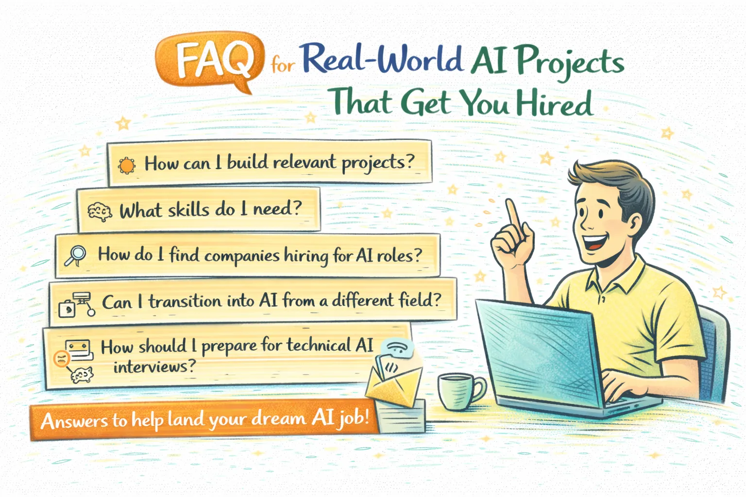 FAQ for real-world AI projects that get you hired illustration with common questions about AI careers and projects