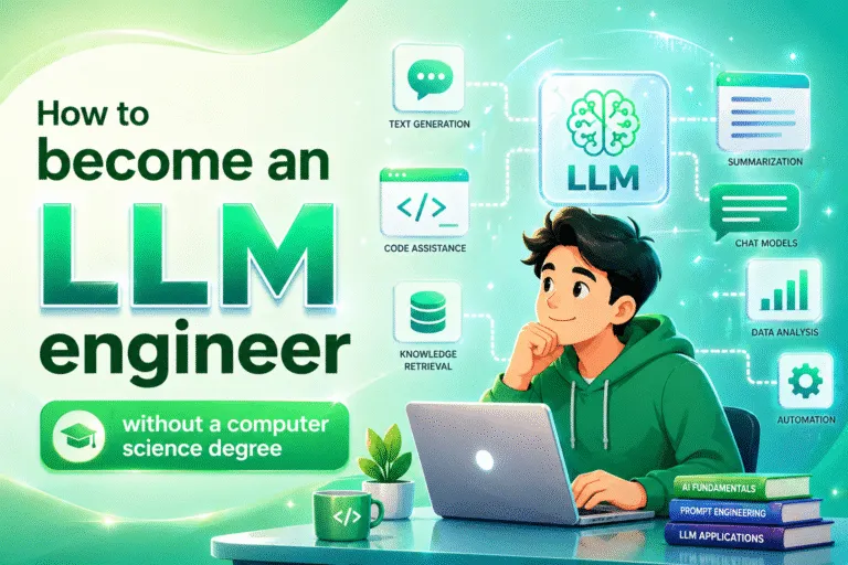 Illustration of a person using a laptop with text “How to become an LLM engineer without a computer science degree,” surrounded by icons for AI tasks like text generation, summarization, and data analysis.