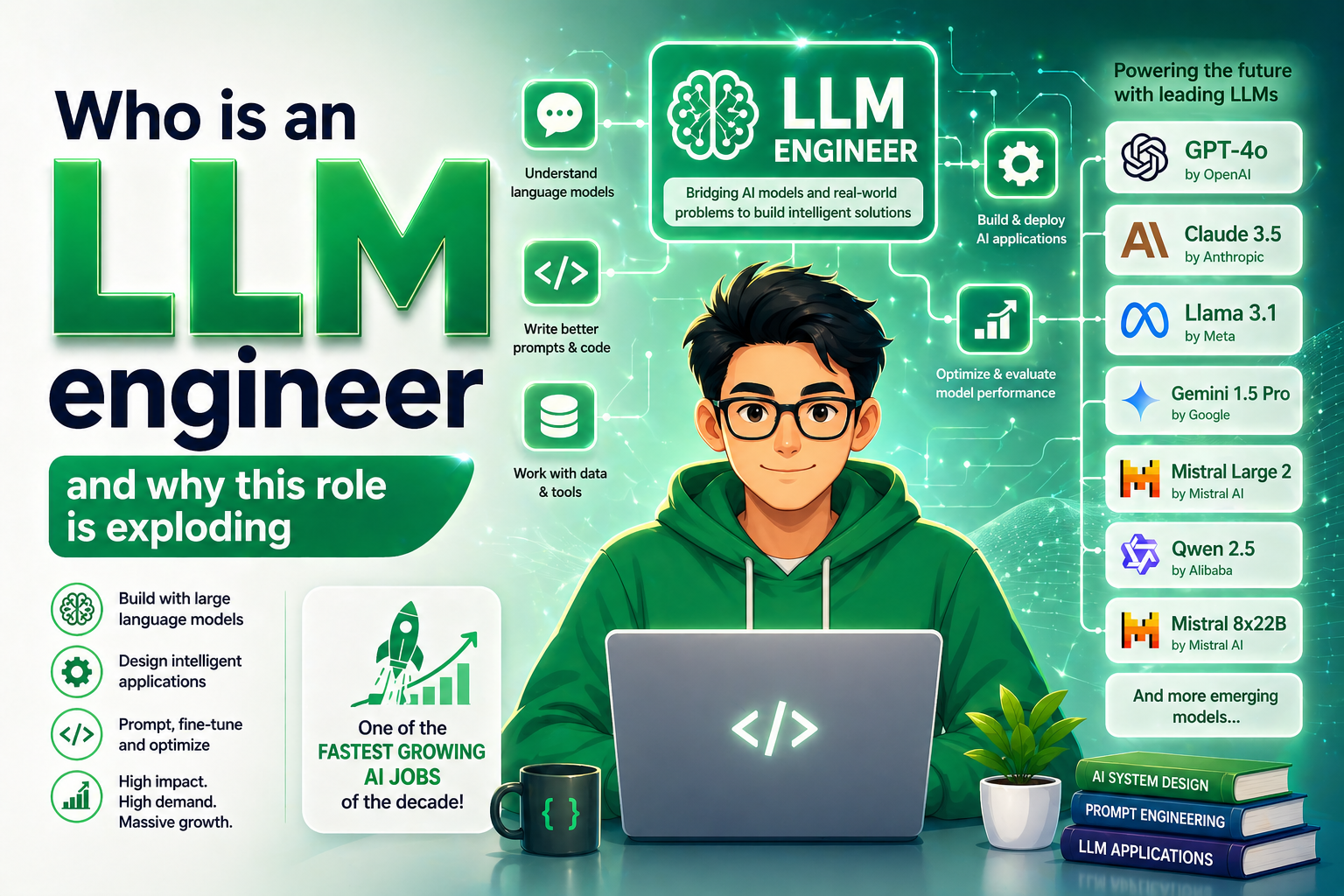 Illustration explaining who an LLM engineer is, showing a person coding on a laptop with icons for AI tasks and a list of popular models like GPT-4o, Claude, Llama, and Gemini.