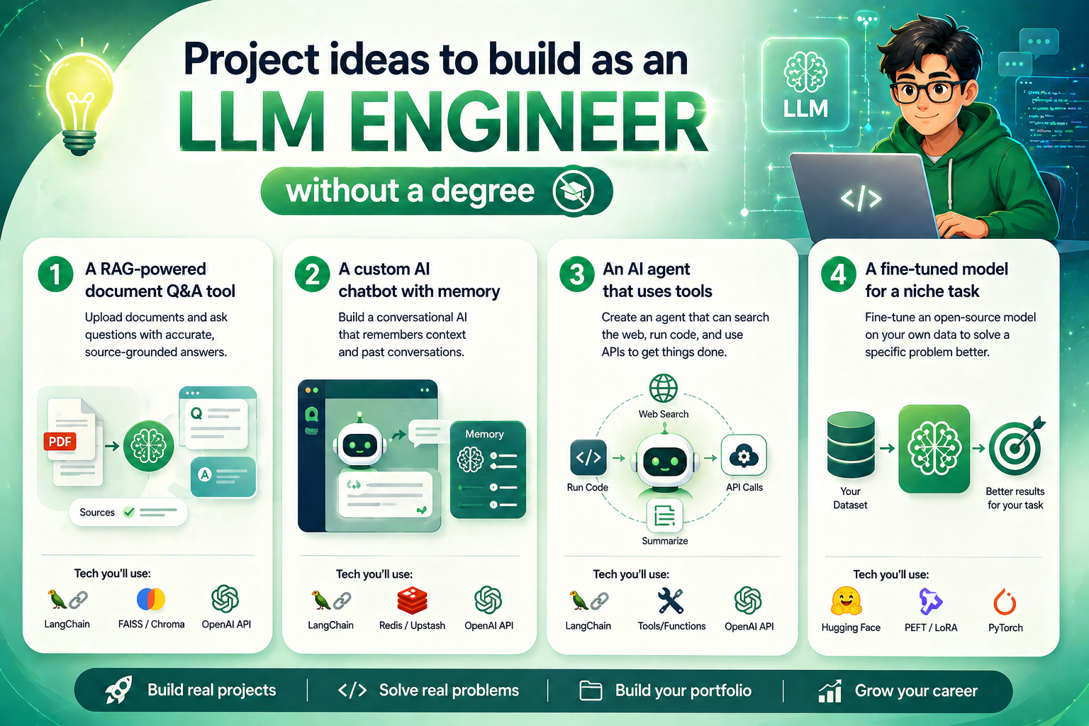 Infographic showing project ideas for becoming an LLM engineer, including a RAG Q&A tool, chatbot with memory, AI agent, and fine-tuned model.