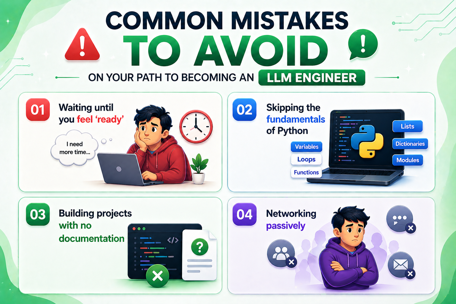 Infographic listing common mistakes to avoid when becoming an LLM engineer, including waiting to feel ready, skipping Python basics, lack of documentation, and passive networking.
